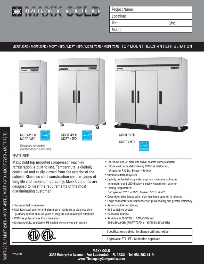 Maxx Cold MCRT-72FD Spec Sheet pg1