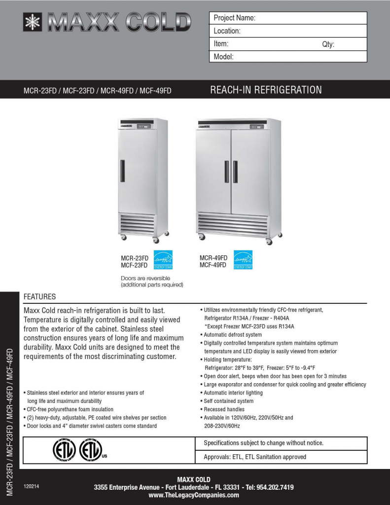 Maxx Cold RI Ref Spec Sheet pg1