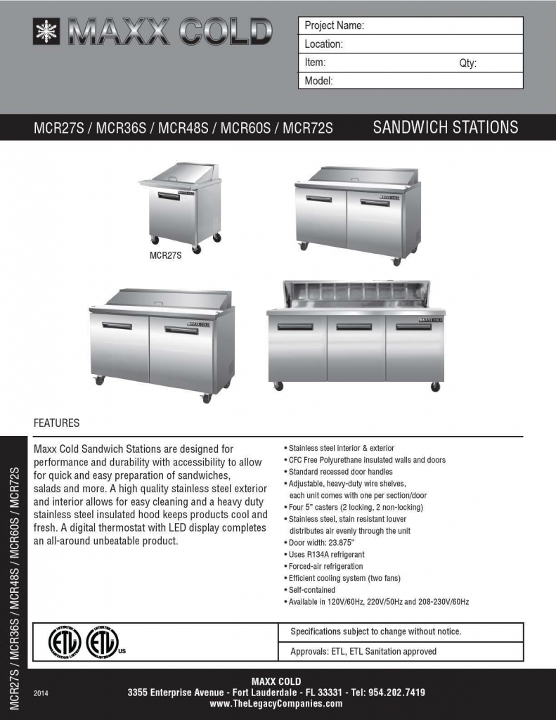 Maxx Cold Sandwich Station Spec pg1